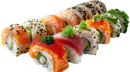 A delicious arrangement of various sushi rolls featuring salmon tuna and roe on transparent background