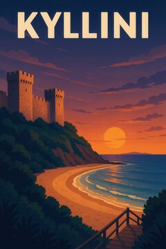 Vintage styled artwork of Kyllini featuring a sandy beach, a wooden path, and a medieval castle on the hilltop during a vivid sunset over the sea