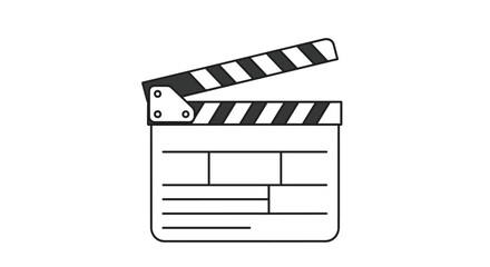 Traditional black and white film clapperboard used in movie production shown in a semi open position against a white setting.