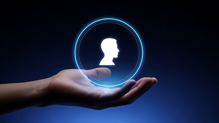 A glowing blue silhouette of a human head in a circle held by a hand
