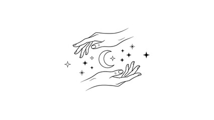 A mystical illustration of hands cradling a crescent moon surrounded by stars