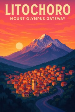 Scenic view of Litochoro village with clustered houses and Mount Olympus in the background at vibrant sunset with a glowing sun over layered mountain ridges