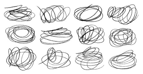 Scribble messy set. Pen or marker texture doodle sketch. Hand drawn line messy scribble. Pencil, marker, pen, brush, crayon scrawl scratch. Expressive and complicated squiggly paint. Curve stroke bg