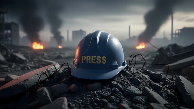 Press helmet on rubble amidst industrial disaster scene