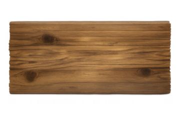 Rustic wooden plank sign with natural wood grain texture displaying knots and brown surface, transparent background