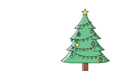 Obraz premium Green Christmas tree decorated with colorful ornaments, glowing string lights, a yellow star, and a snowflake against white.