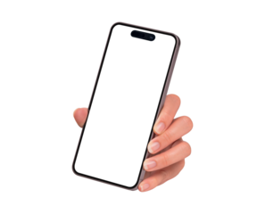 Close-up of a hand showing smartphone with blank screen, isolated on transparent PNG. High quality studio shot. Concept for technology, business, finance, advertising and lifestyle themes.