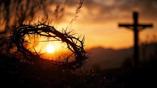 Silhouette of crown of thorns with blurred cross background at sunset for Easter and Good Friday religious concept