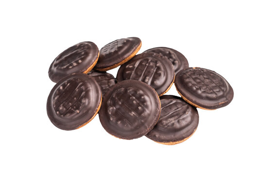 Jaffa cakes, Cookies covered with chocolate and filled with jam isolated on white background