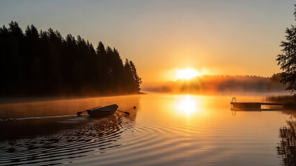 Tranquil lake at sunrise with rowing boat and misty background  