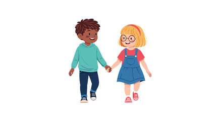 Obraz premium Young boy and girl holding hands and walking together with happy expressions against a solid white background in simple style.