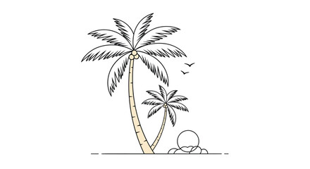 Obraz premium Simple minimalist line art illustration featuring two tropical palm trees on a beach with flying birds and a beautiful setting sun over the ocean.