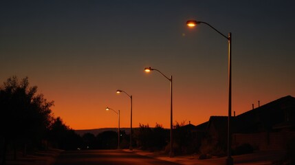 Medium shot capturing timed street lights turning on at sunset along a quiet suburban street highlighting automated scheduling features for energy saving.
