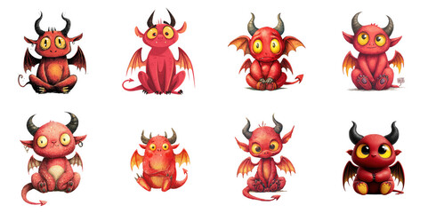A collection of adorable cartoon devils in various poses and colors on transparent background high quality
