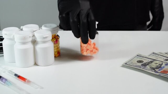 a Man wearing black gloves placing prescription medication bottles near cash and syringes suggesting illicit pharmaceutical transaction