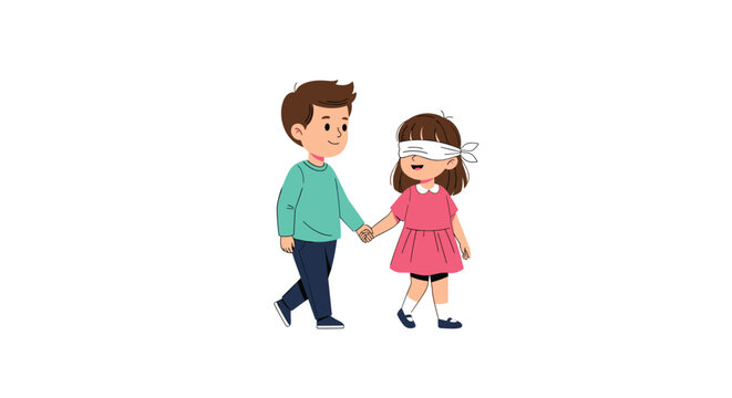 Young boy kindly leading a blindfolded girl by the hand while playing a childhood game of hide and seek or a trust exercise in a white space.