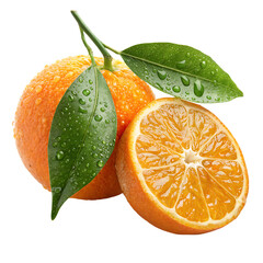 Fresh Orange with Green Leaves and Water Drops Isolated PNG Transparent Background.