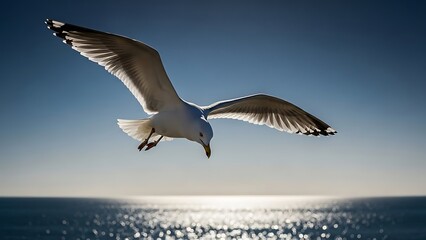Fototapeta premium Seagull Flying Over The Ocean With Sunlight Reflecting On The Water photo
