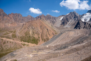 Panoramic view of the Tien Shan mountain range on the border of Kazakhstan and Kyrgyzstan. Central Asian high-altitude wilderness.