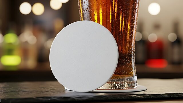 Round White Beer Coaster in Front of Glass of Amber Ale drink beverage
