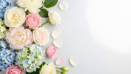 A collection of elegant floral borders and frames featuring pastel roses, peonies, and hydrangeas on a clean white background, perfect for romantic invitations and minimalist designs