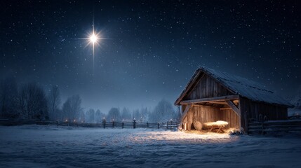 A serene winter night scene with a rustic wooden barn illuminated against a starlit sky, invoking the spirit of a holiday