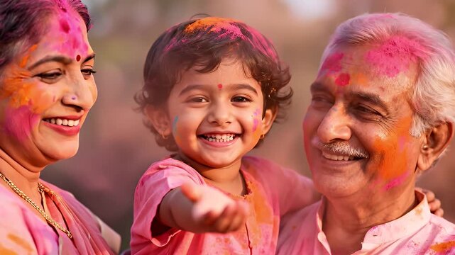 A happy Indian family, including grandparents and a grandchild, celebrating Holi with colorful powder on their faces.