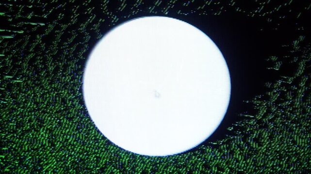 A luminous white circle centered against a dark, grainy green background with a digital, abstract aesthetic.
