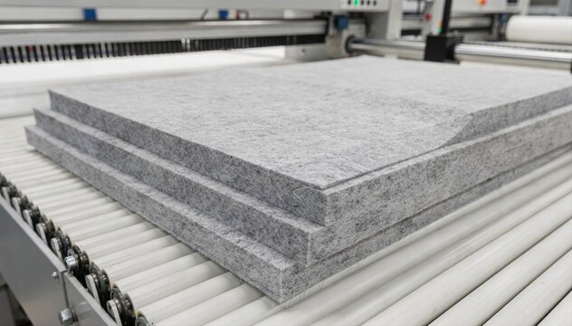 Medium shot showing synthetic felt padding sheets in a manufacturing setting focused on uniform thickness and smooth surface ideal for durable insulation solutions.
