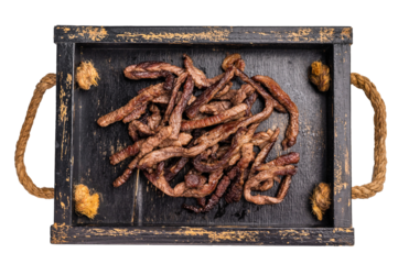 Beef fritter, Deep fried beef tender strips, sliced meat in a tray isolated on white background