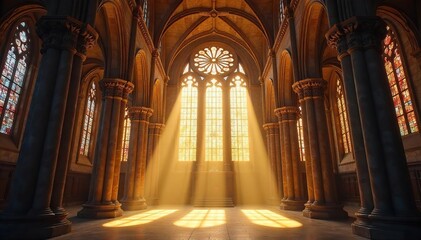 Sunlit Cathedral Interior Majestic Architecture and Divine Light Streaming Through Stained Glass Windows
