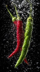 Fresh Red and Green Chillies in Water Splash