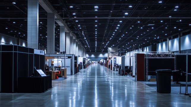 An empty convention center hall, with rows of booths being set up for a major trade show. 