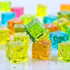 Bright, colorful cubes, some sparkling, are scattered against a blurred, white background