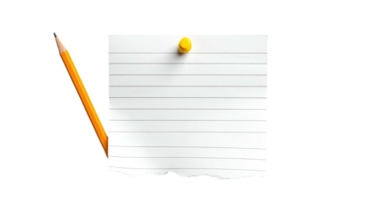 A pencil next to a piece of lined paper attached to a pushpin on a black background