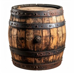 Obraz premium A wooden barrel, aged and bound with metal rings, isolated on white