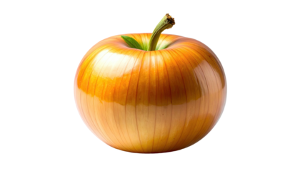 A perfectly formed golden onion with a green stem, isolated on a stark black background