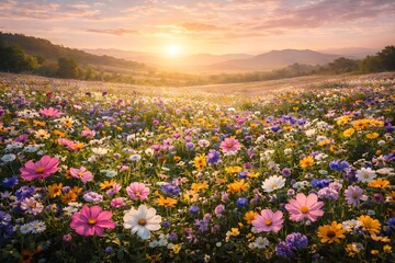 A vibrant meadow filled with blooming wildflowers under warm sunset light, creating a peaceful and joyful natural scene.
Category: Nature