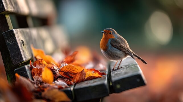 a small robin bird perched on the edge of an old wooden bench, surrounded by autumn leaves in various shades of orange and red
 - Powered by Adobe