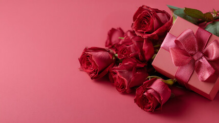 Bouquet of red roses and pink gift box on pink background. Valentine's day, banner format. Place for text. Happy Valentines Day concept. Copy space