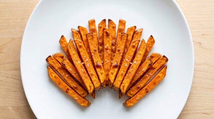 Spicy sweet potato fries arranged in a symmetrical pattern on a white plate