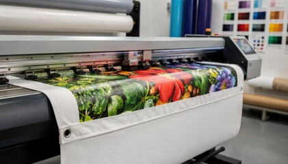 Detailed medium shot showing outdoor banner canvas being printed on a wideformat machine emphasizing weatherresistant material and durable print quality.