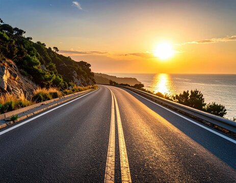 Winding coastal road towards a vibrant sunset over shimmering ocean