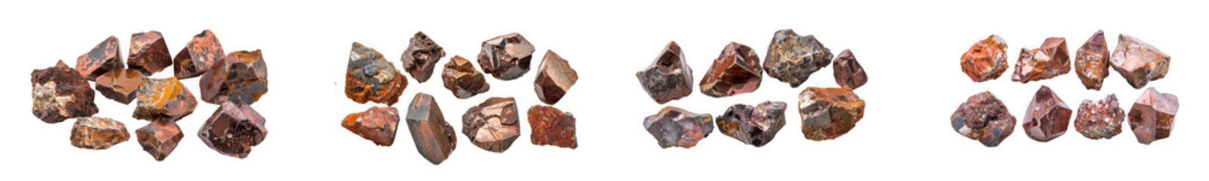 A collection of various prehistoric stone tools including arrowheads and scrapers isolated on transparent background
