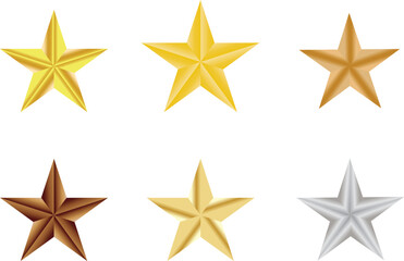 Metallic 3D Star Icons Set in Gold, Silver and Bronze &ndash; Luxury Rating Symbols.