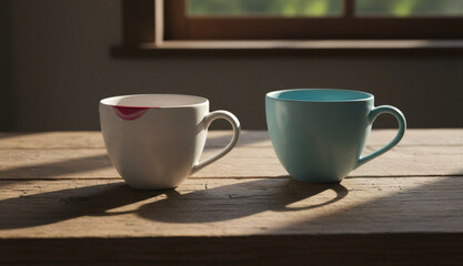 Two ceramic cups with lipstick marks on a wooden table illuminated by sunlight from a window