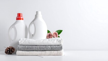 Laundry scene featuring detergent bottles, folded clothing, and decorative elements on a white surface with a clean backdrop