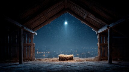 A rustic wooden barn interior. A bright star shines above, illuminating a hay-filled manger in the center against a snowy night