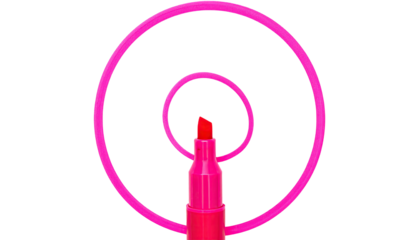 A pink marker stands between two concentric pink circles, set against a black background