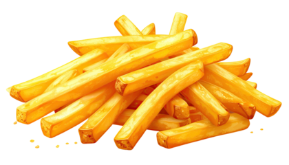 A pile of perfectly golden, crispy, and appetizing french fries on a transparent background
